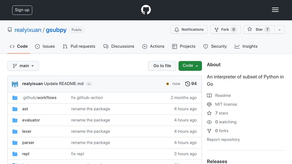 Screenshot of github.com: Show HN: Gsubpy, an interpreter for subset of Python, written in Go