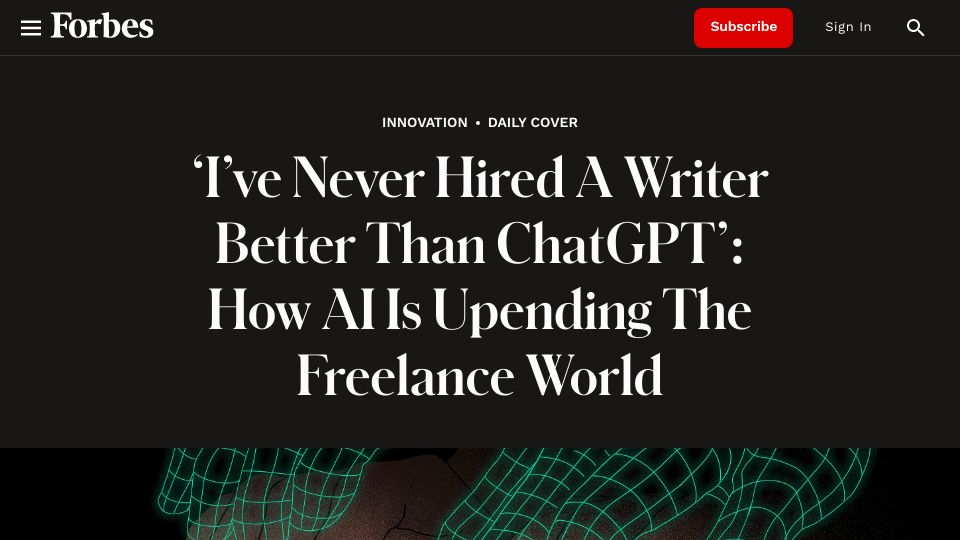 Screenshot of forbes.com: AI is upending the freelance world