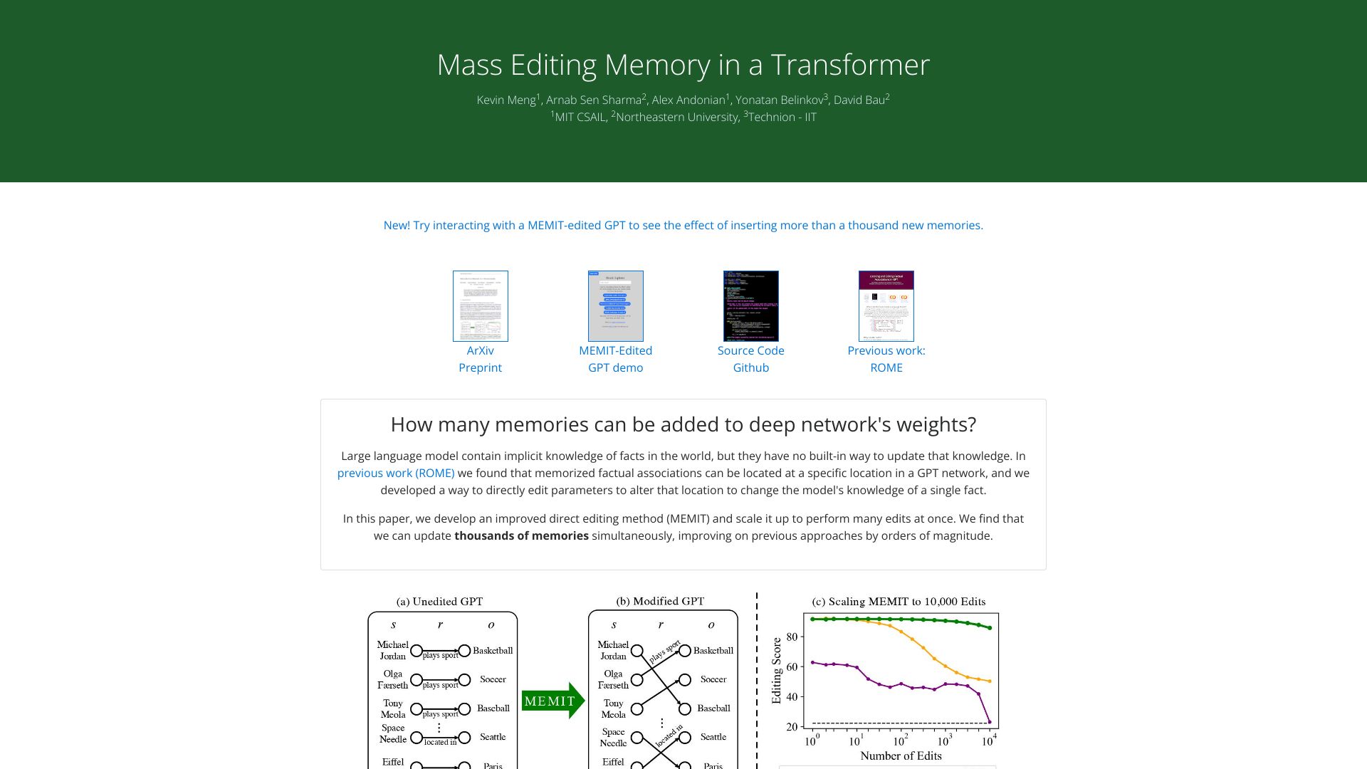 Screenshot of memit.baulab.info: Mass editing memory in a transformer