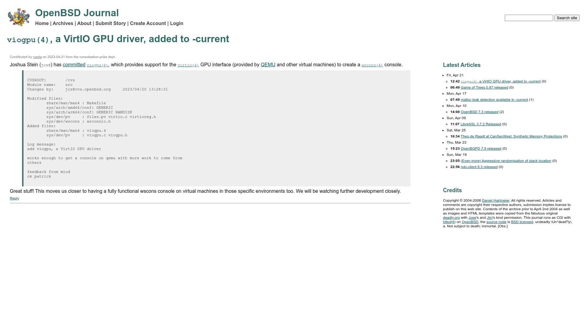 Screenshot of undeadly.org: OpenBSD: Viogpu(4), a VirtIO GPU driver, added to -current