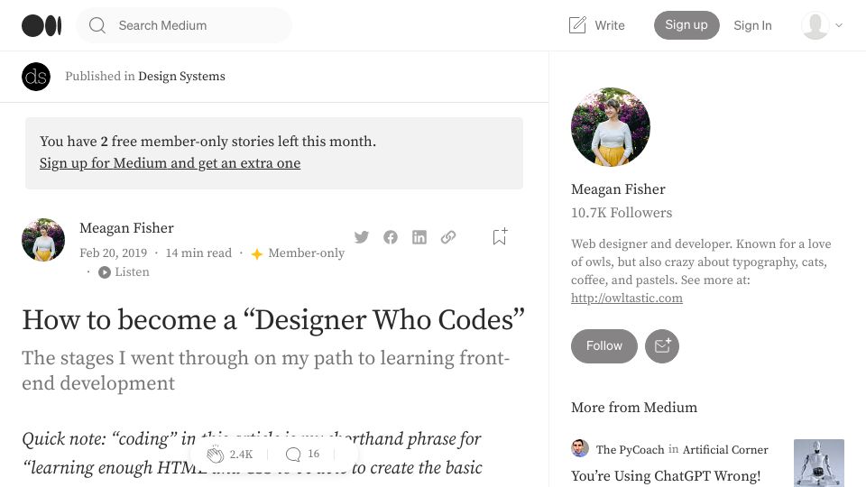 Screenshot of publication.design.systems: How to become a “designer who codes” (2019)