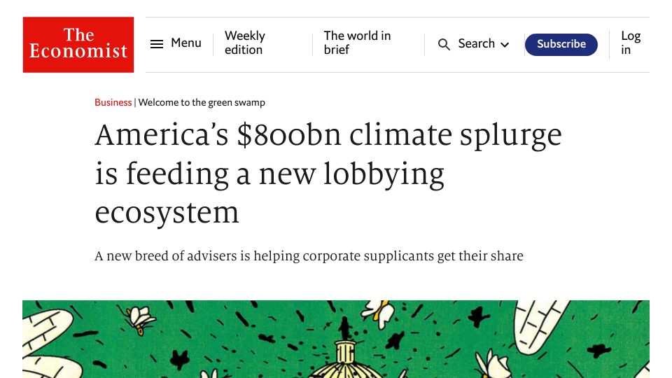 Screenshot of economist.com: America’s $800B climate splurge is feeding a new lobbying ecosystem