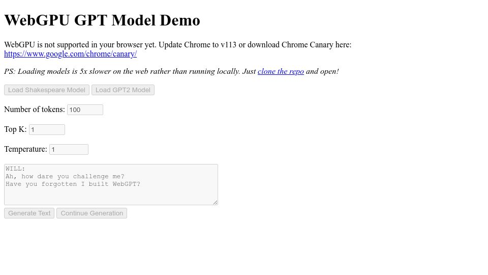 Screenshot of kmeans.org: WebGPU GPT Model Demo