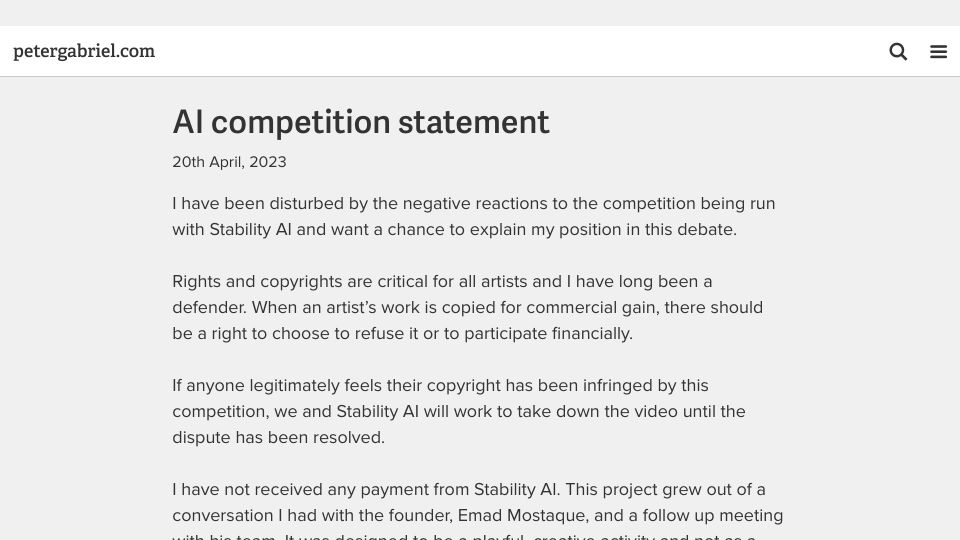 Screenshot of petergabriel.com: Peter Gabriel: AI competition statement