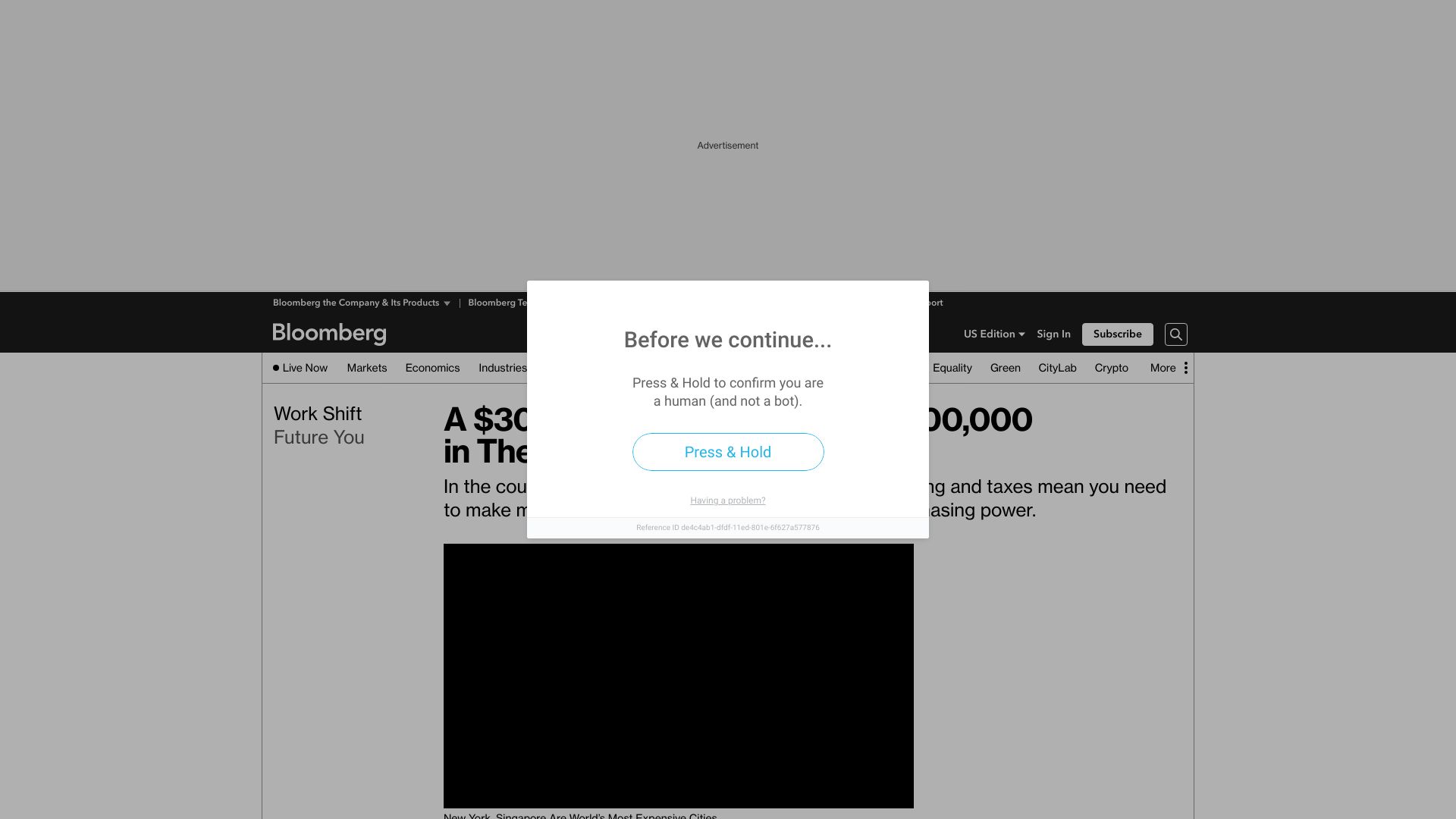 Screenshot of bloomberg.com: A $300k Salary Feels Like $100k in the Priciest US Cities