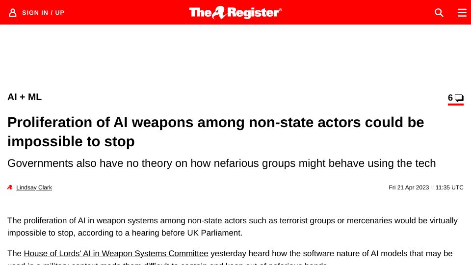 Screenshot of theregister.com: Proliferation of AI weapons among non-state actors could be impossible to stop