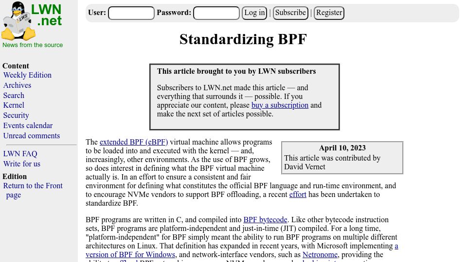 Screenshot of lwn.net: Standardizing BPF