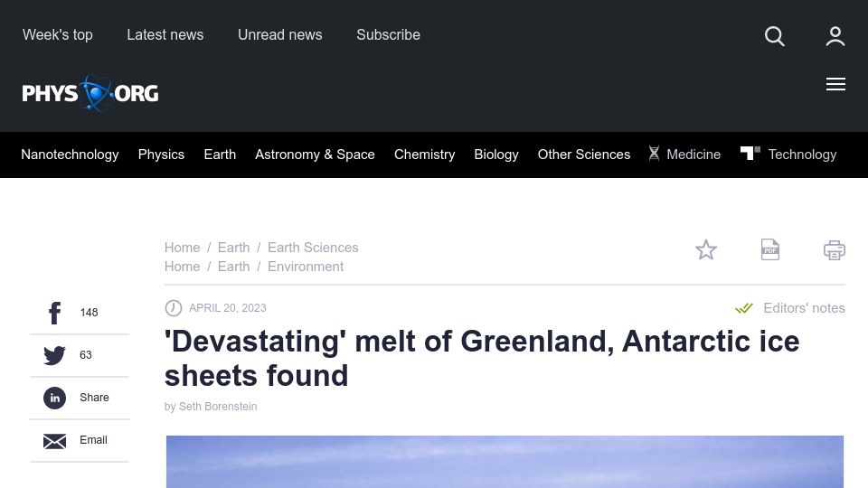 Screenshot of phys.org: 'Devastating' melt of Greenland, Antarctic ice sheets found