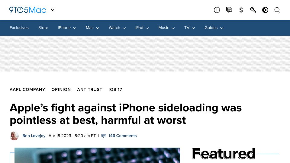 Screenshot of 9to5mac.com: Apple’s fight against iPhone sideloading was pointless at best, harmful at worst