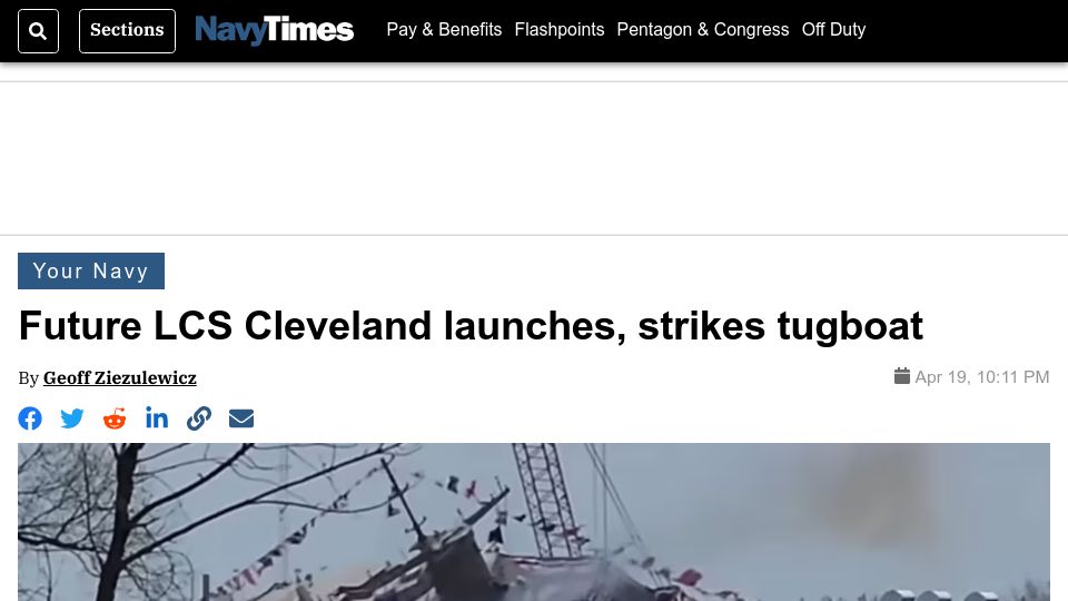 Screenshot of navytimes.com: US warship collides with tugboat in disastrous launch
