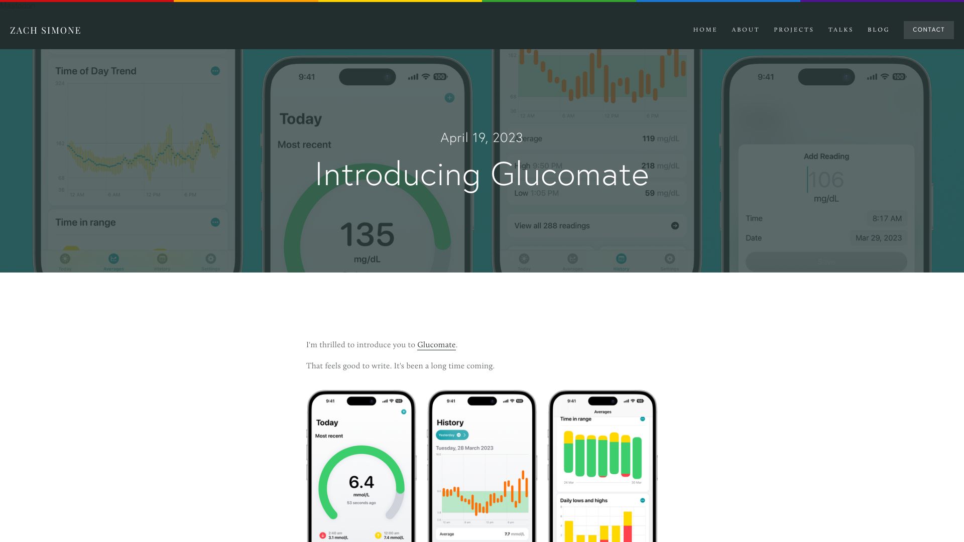 Screenshot of zachsim.one: Glucomate: an app for people who record, track, and monitor their blood glucose