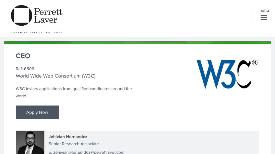 Screenshot of candidates.perrettlaver.com: W3C invites applications to be our next CEO