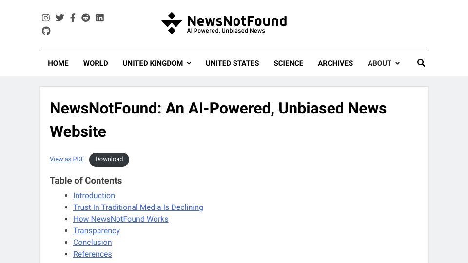 Screenshot of newsnotfound.com: NewsNotFound: An open-source, unbiased news company