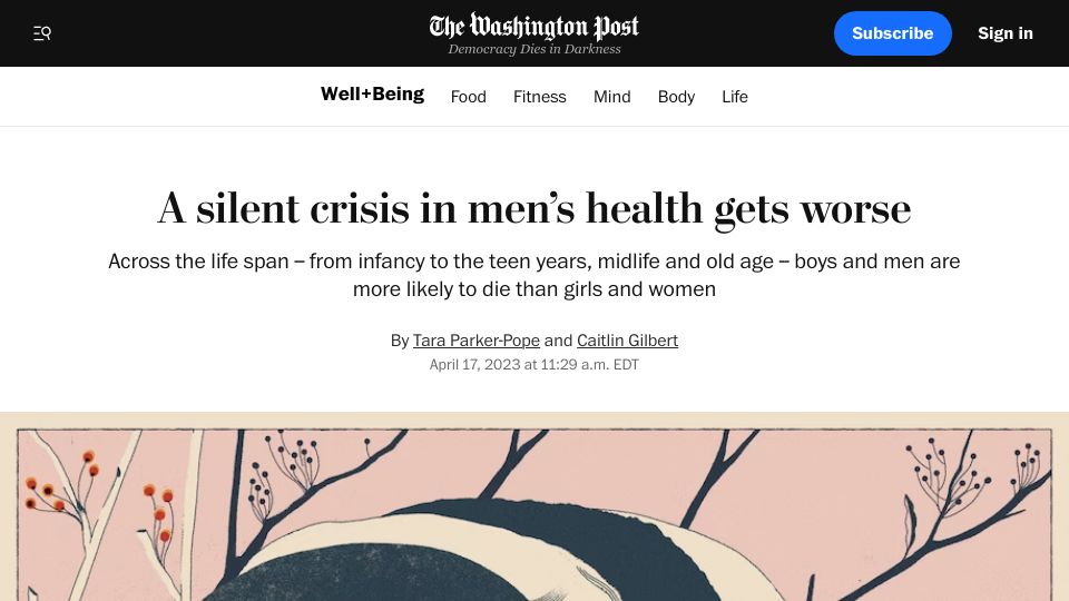 Screenshot of washingtonpost.com: A silent crisis in men’s health gets worse