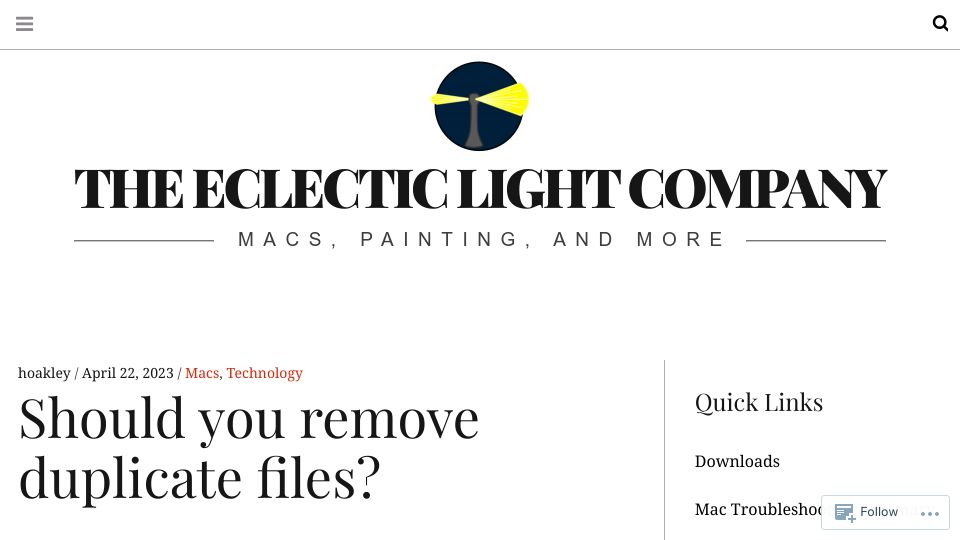 Screenshot of eclecticlight.co: Should you remove duplicate files?