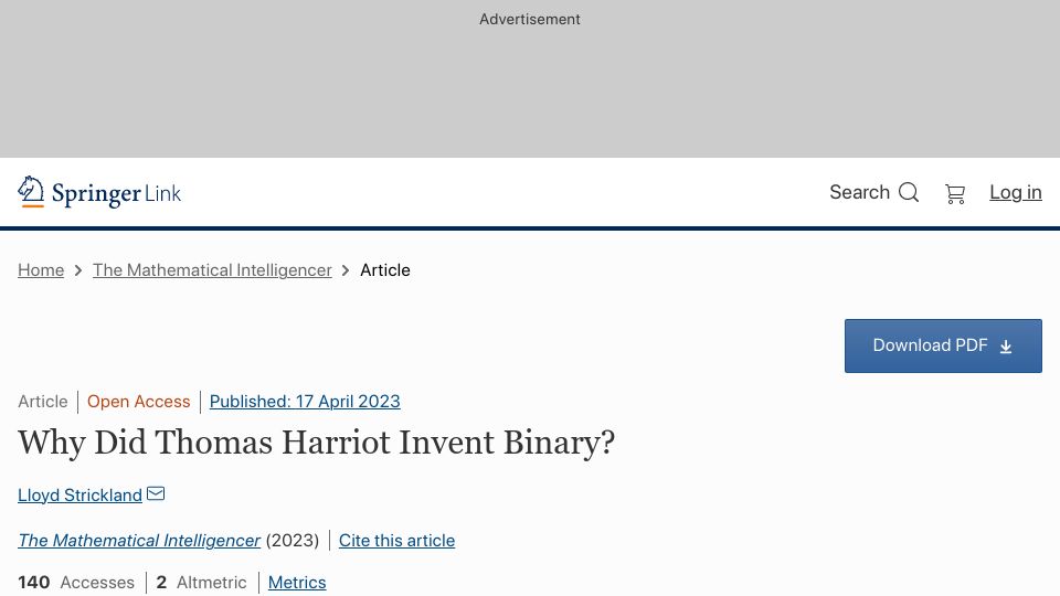Screenshot of link.springer.com: Why Did Thomas Harriot Invent Binary?