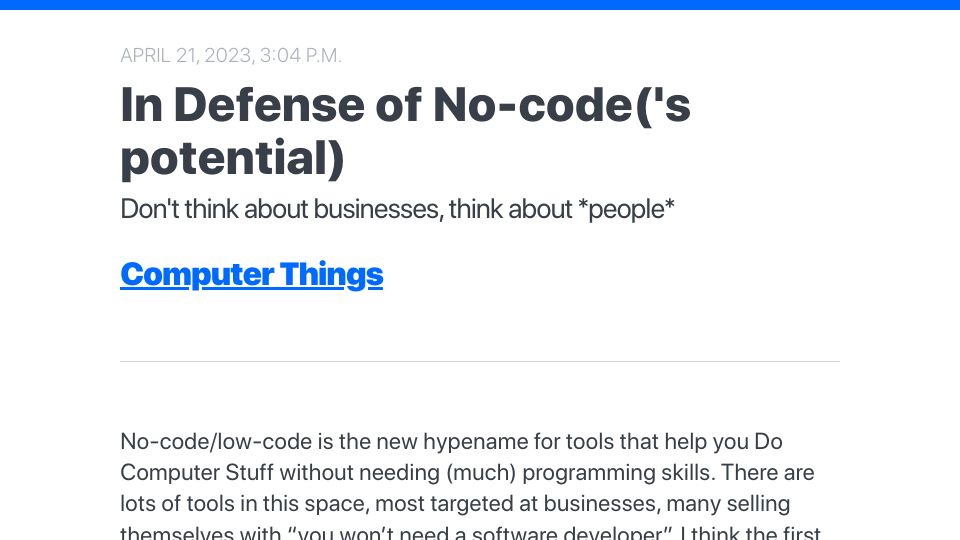 Screenshot of buttondown.email: In Defense of No-Code’s Potential