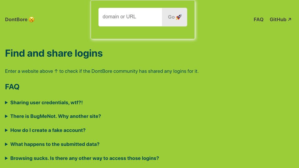 Screenshot of dontbo.re: Show HN: DontBore – Accessible, fast, low-footprint Login sharing for the masses