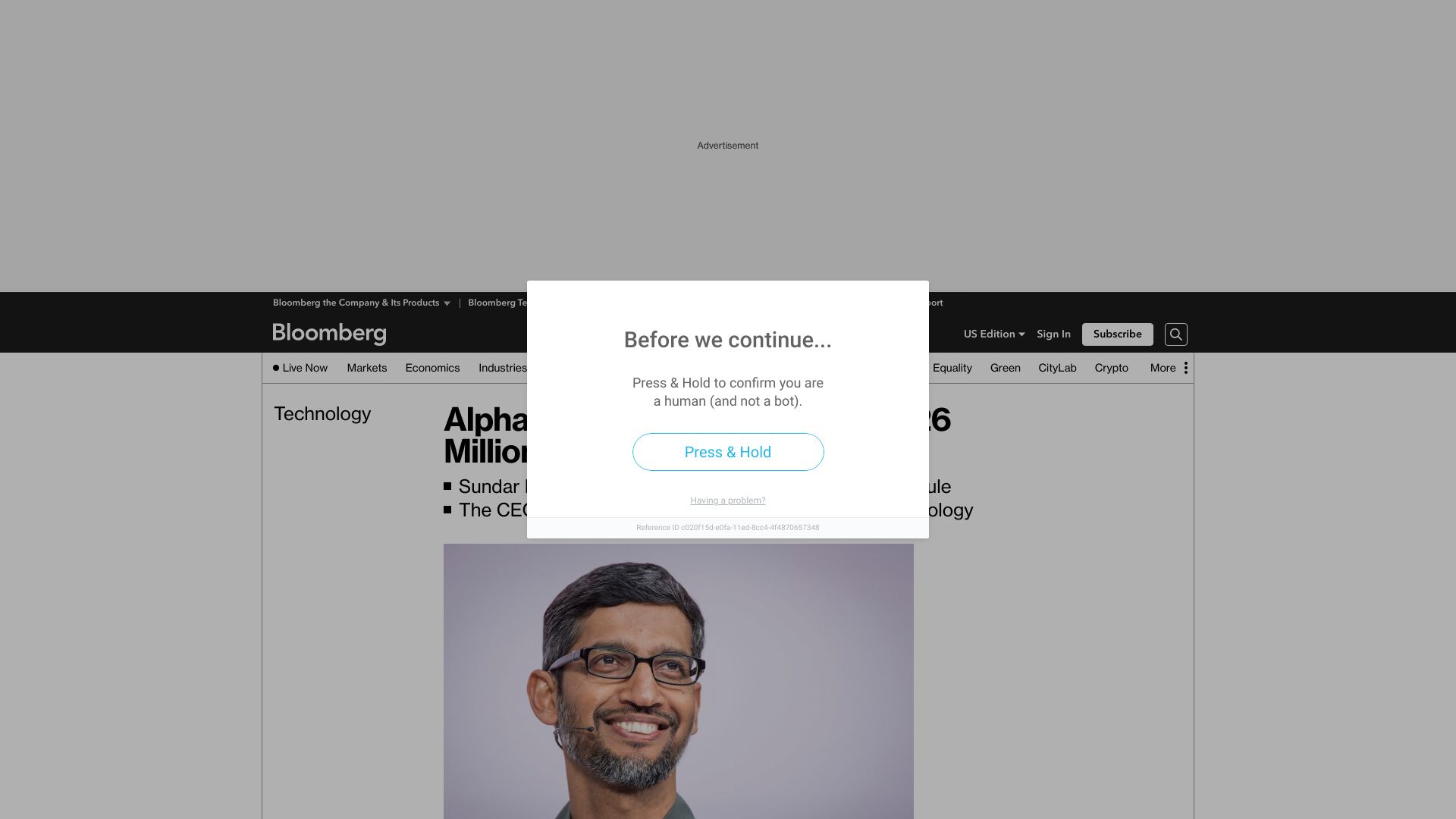 Screenshot of bloomberg.com: Sundar Pichai received $226M compensation, boosted by a triennial stock grant