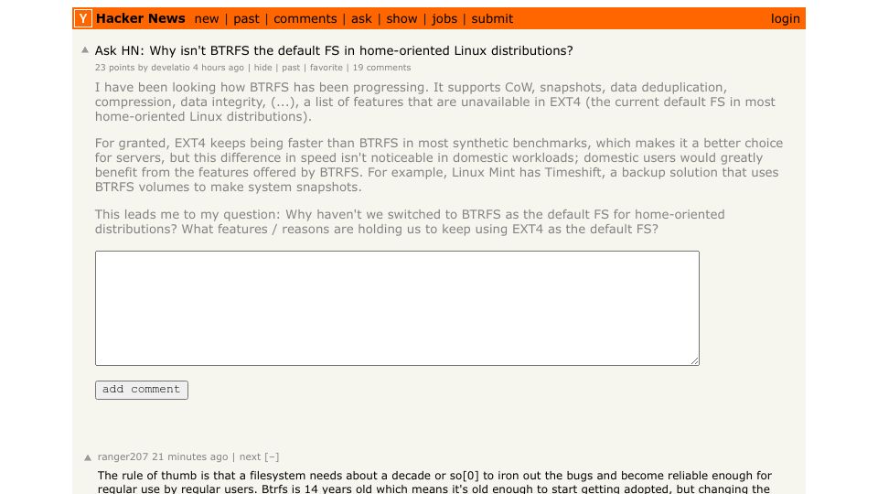 Screenshot of Hacker News post: Ask HN: Why isn't BTRFS the default FS in home-oriented Linux distributions?