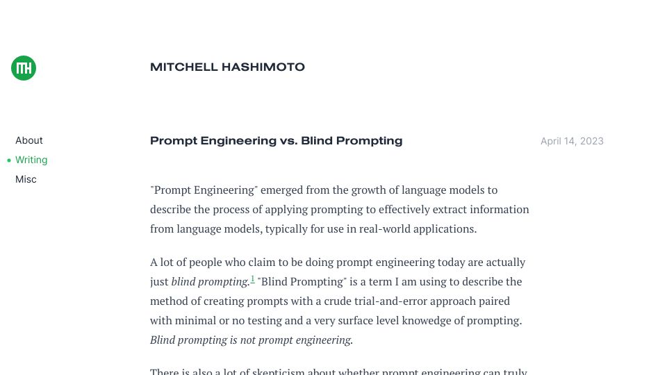 Screenshot of mitchellh.com: Prompt engineering vs. blind prompting