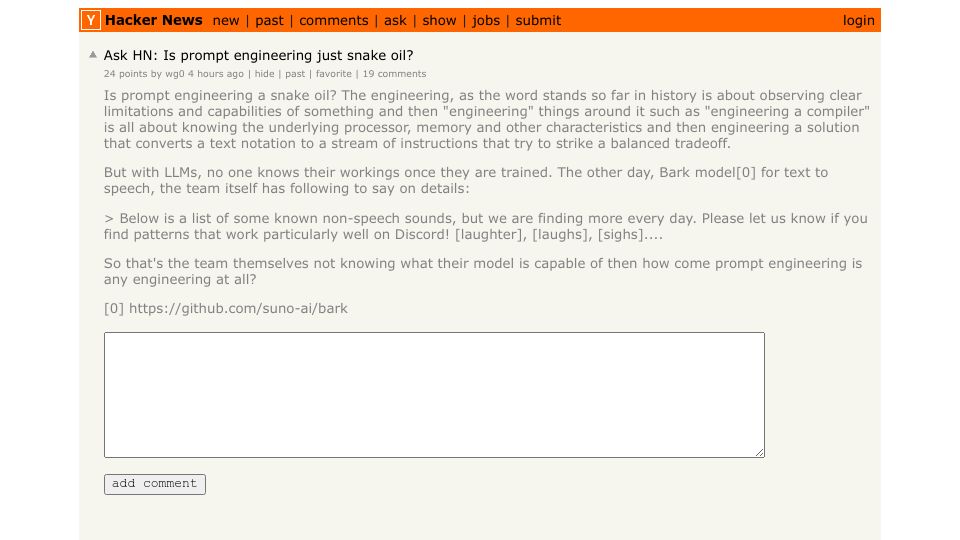Screenshot of Hacker News post: Ask HN: Is prompt engineering just snake oil?