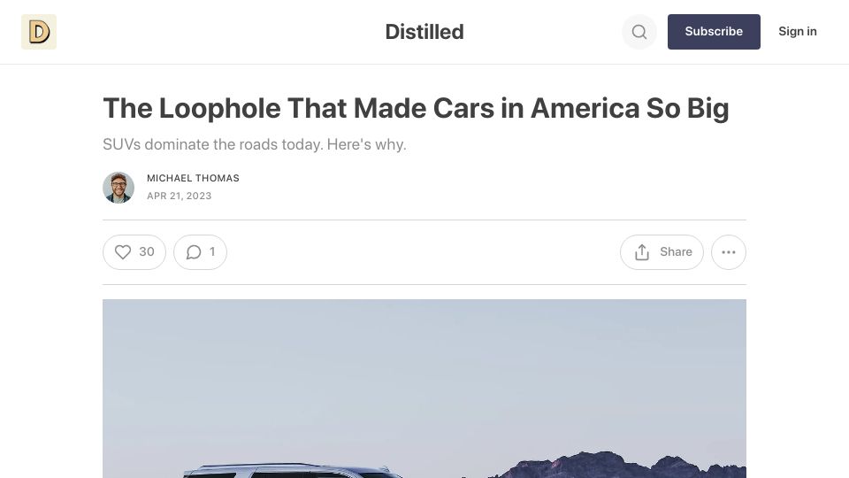 Screenshot of distilled.earth: The loophole that made cars in America so big