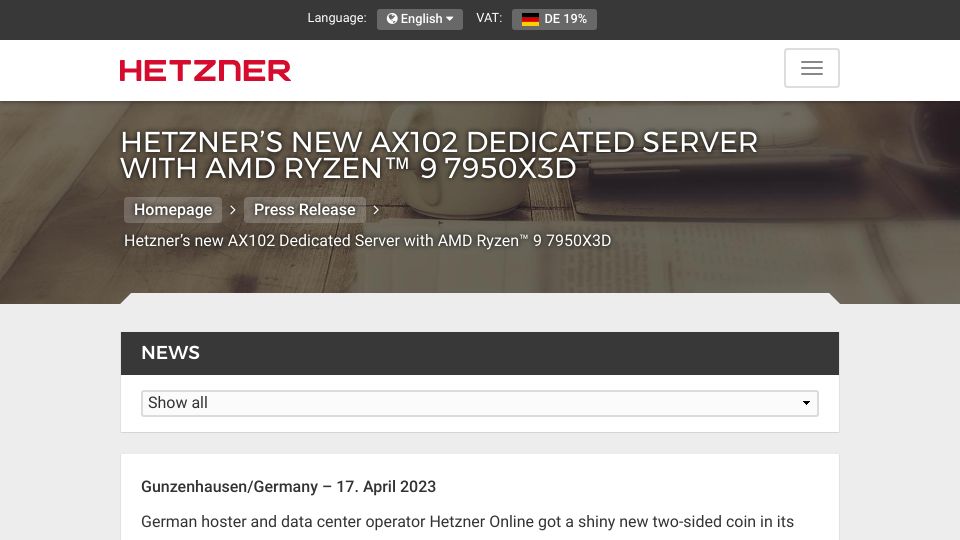Screenshot of hetzner.com: Hetzner’s New AX102 Dedicated Server with AMD Ryzen 9 7950X3D
