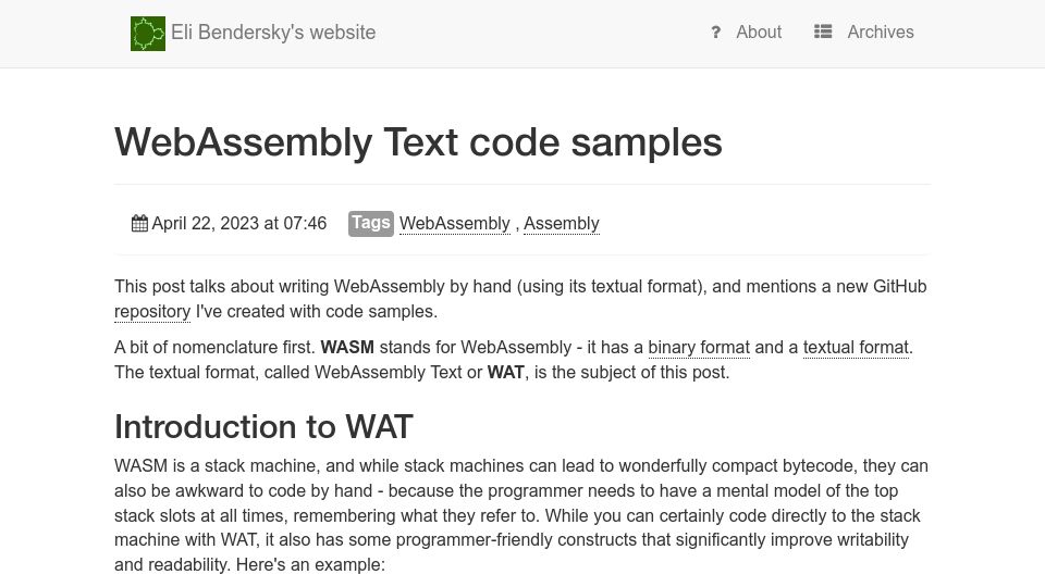 Screenshot of eli.thegreenplace.net: WebAssembly Text Code Samples