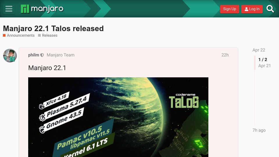 Screenshot of forum.manjaro.org: Manjaro Linux 22.1 Talos Released