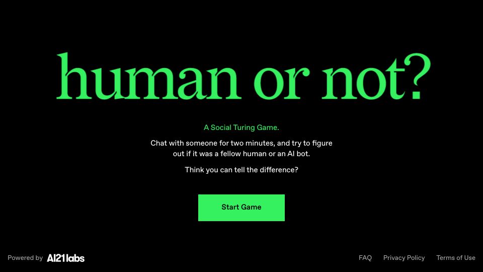 Screenshot of humanornot.ai: Human or Not? A Social Turing Game