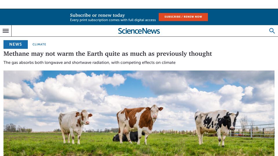 Screenshot of sciencenews.org: Methane may not warm the Earth quite as much as previously thought