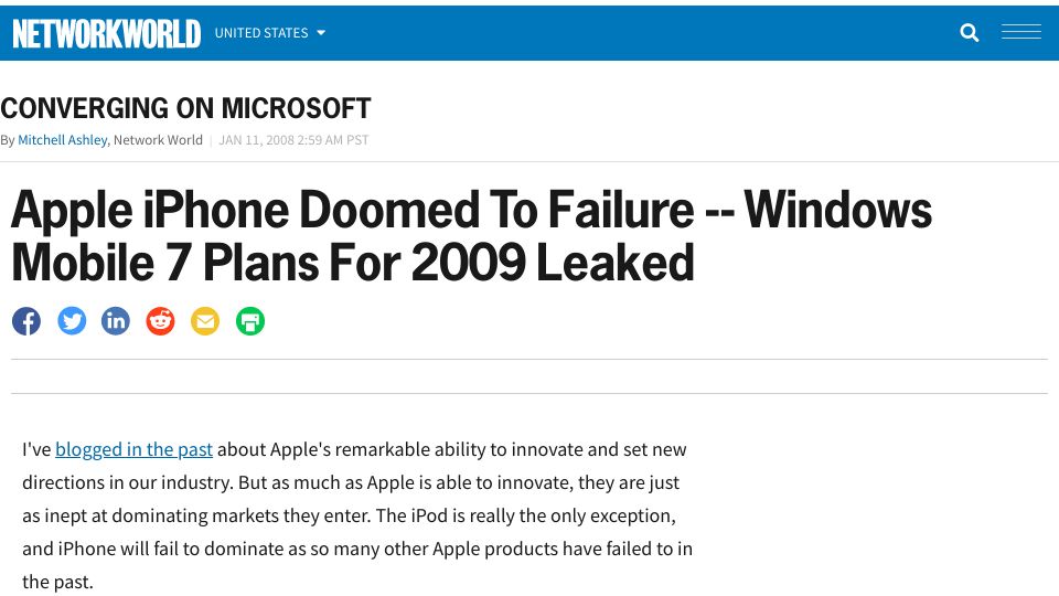 Screenshot of networkworld.com: iPhone Doomed to Failure (2008)