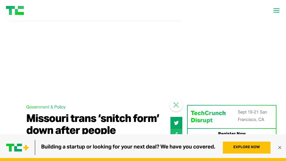 Screenshot of techcrunch.com: Missouri 'trans snitch' page down after people spammed it