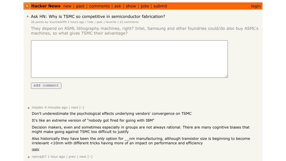 Screenshot of Hacker News post: Ask HN: Why is TSMC so competitive in semiconductor fabrication?