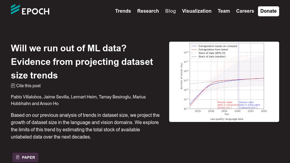 Screenshot of epochai.org: Will we run out of ML data? Evidence from projecting dataset size trends (2022)