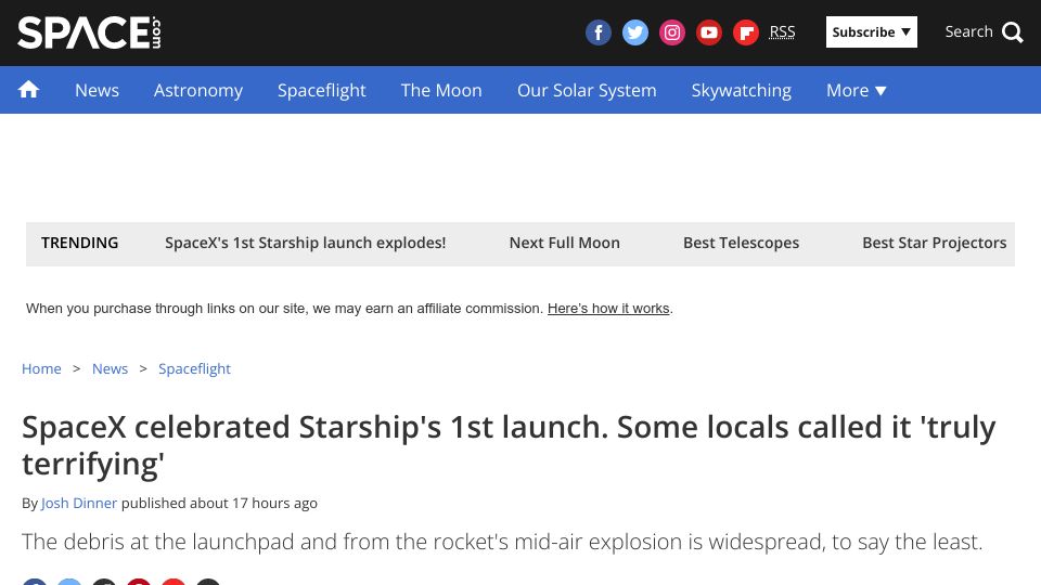 Screenshot of space.com: Starship launch debris landed 6 miles north, residents report broken windows