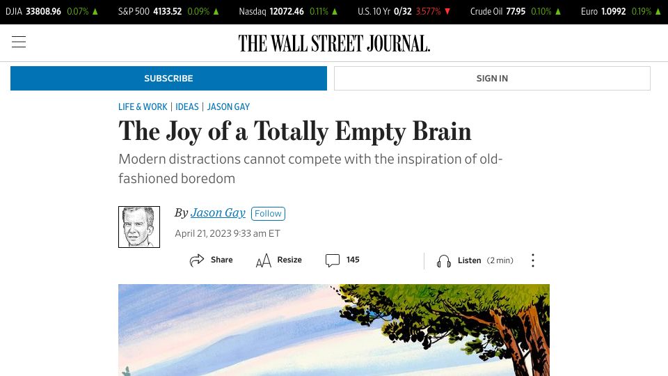 Screenshot of wsj.com: The Joy of an Empty Brain