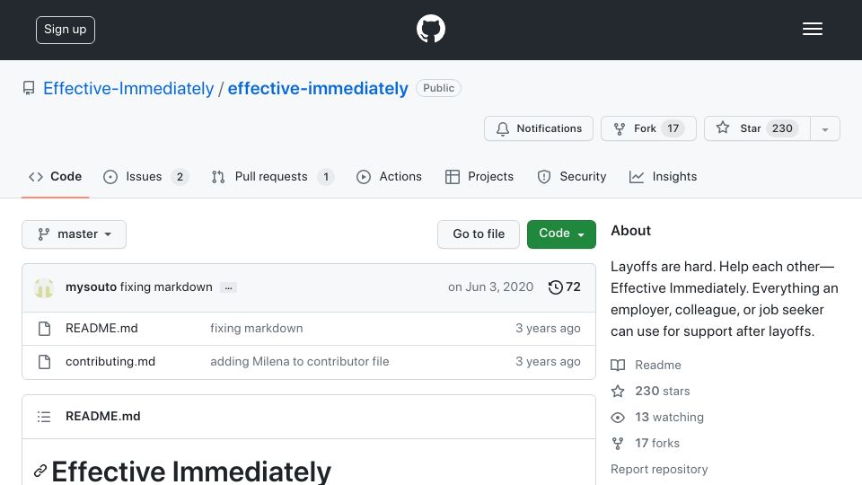 Screenshot of github.com: Effective Immediately: A central hub for people who've been recently laid off (2020)