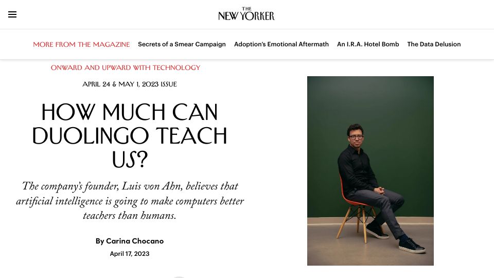 Screenshot of newyorker.com: How much can Duolingo teach us?