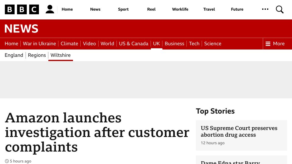 Screenshot of bbc.co.uk: Amazon investigates after high-value orders were switched for cheaper products
