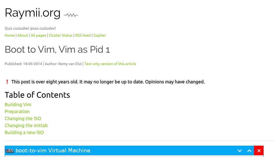 Screenshot of raymii.org: Boot to Vim, Vim as Pid 1 (2014)