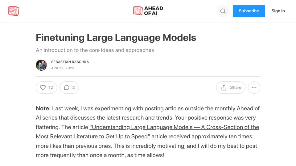 Screenshot of magazine.sebastianraschka.com: Finetuning Large Language Models
