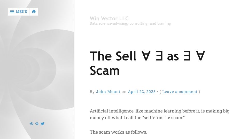 Screenshot of win-vector.com: The Sell ∀ ∃ as ∃ ∀ Scam