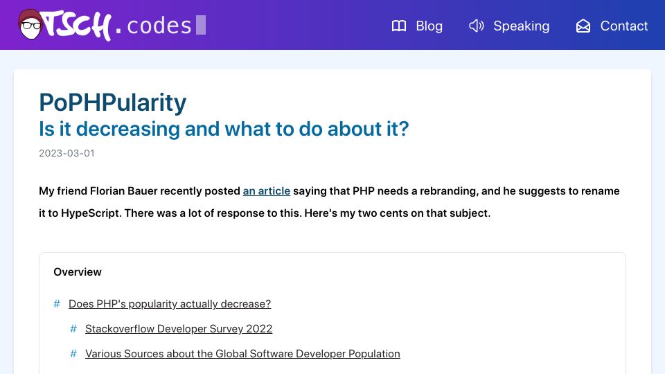 Screenshot of otsch.codes: PHP Popularity: Is it decreasing and what to do about it?