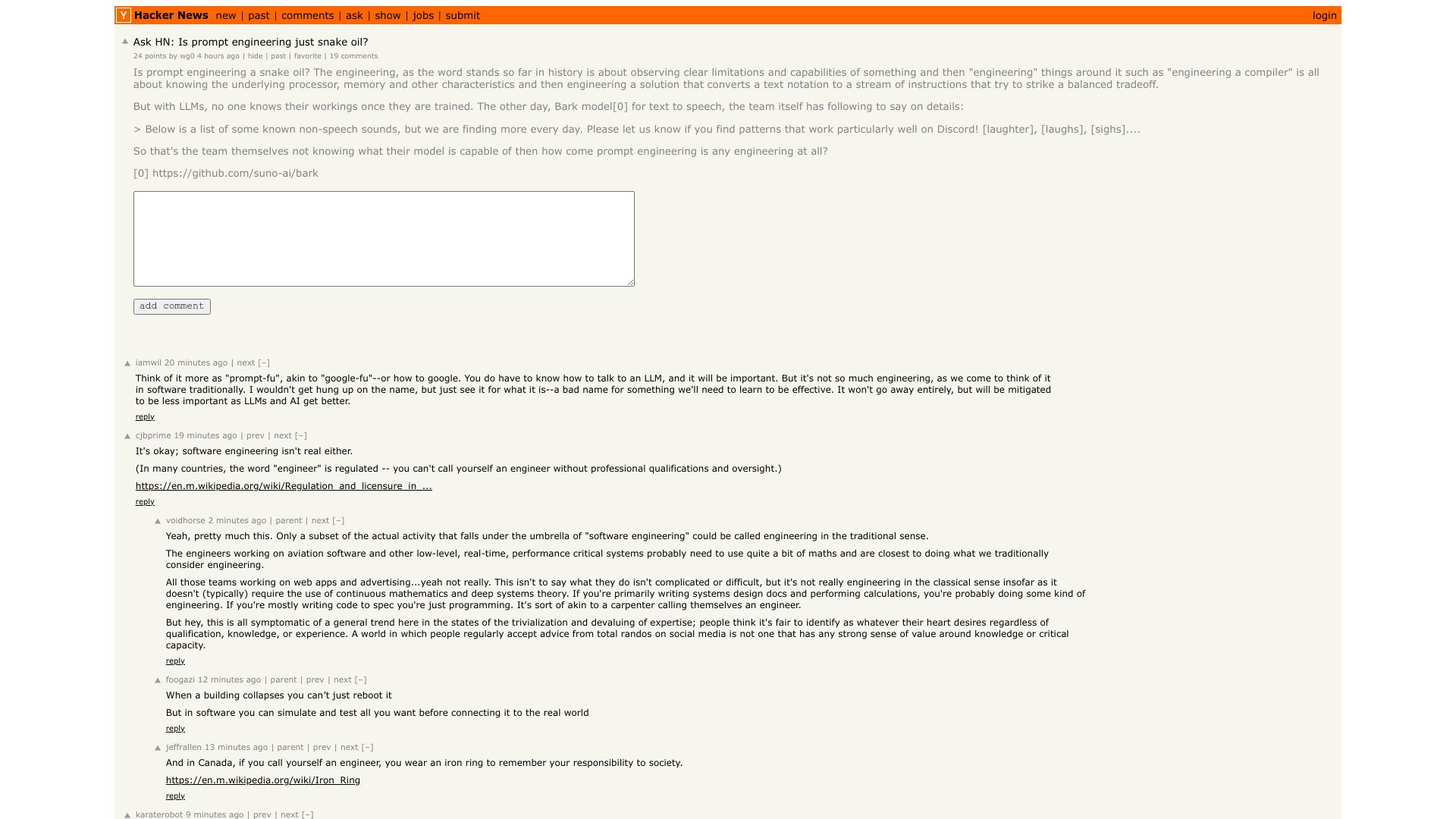 Screenshot of this Hacker News post: Ask HN: Is prompt engineering just snake oil?
