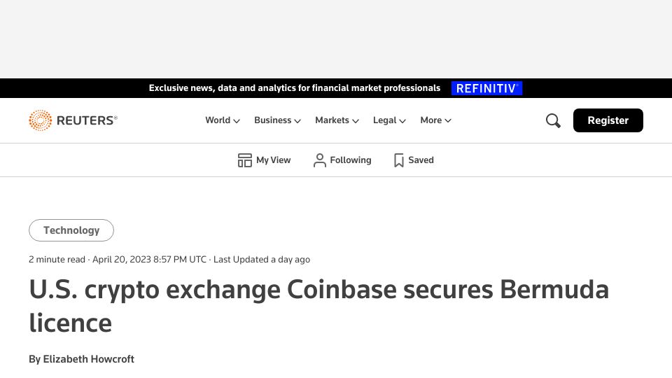 Screenshot of reuters.com: Coinbase secures Bermuda licence