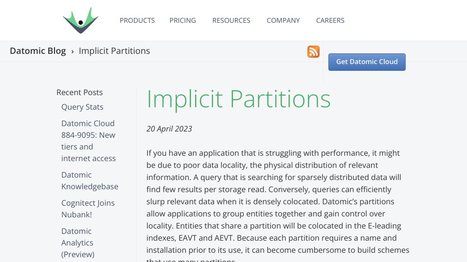 Screenshot of blog.datomic.com: Datomic Implicit Partitions