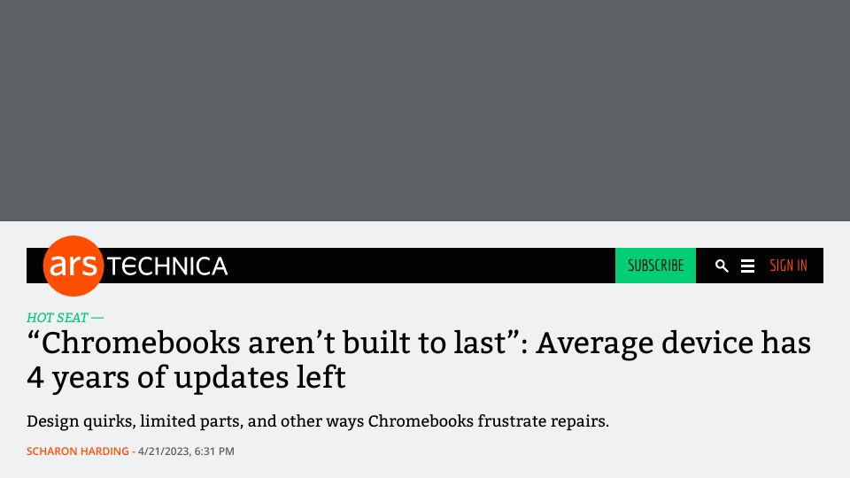 Screenshot of arstechnica.com: Design quirks, limited parts, and other ways Chromebooks frustrate repairs