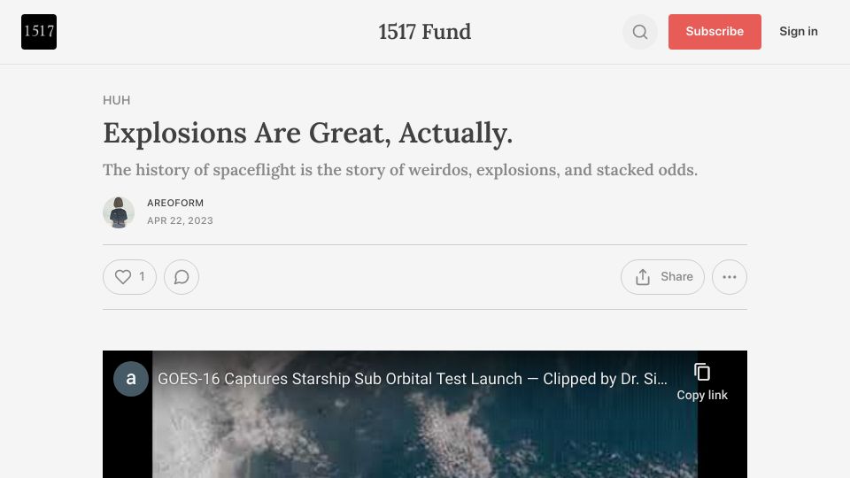 Screenshot of 1517.substack.com: Explosions are great, actually